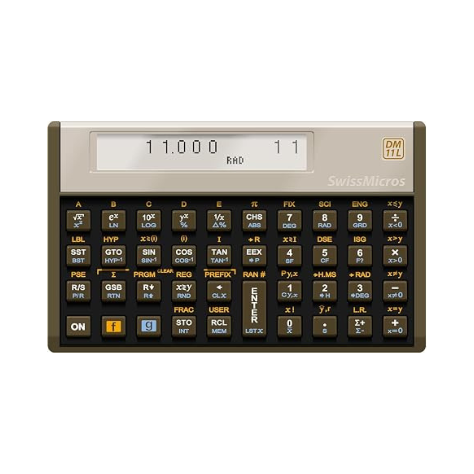 SwissMicros DM11L RPN scientific calculator, front view