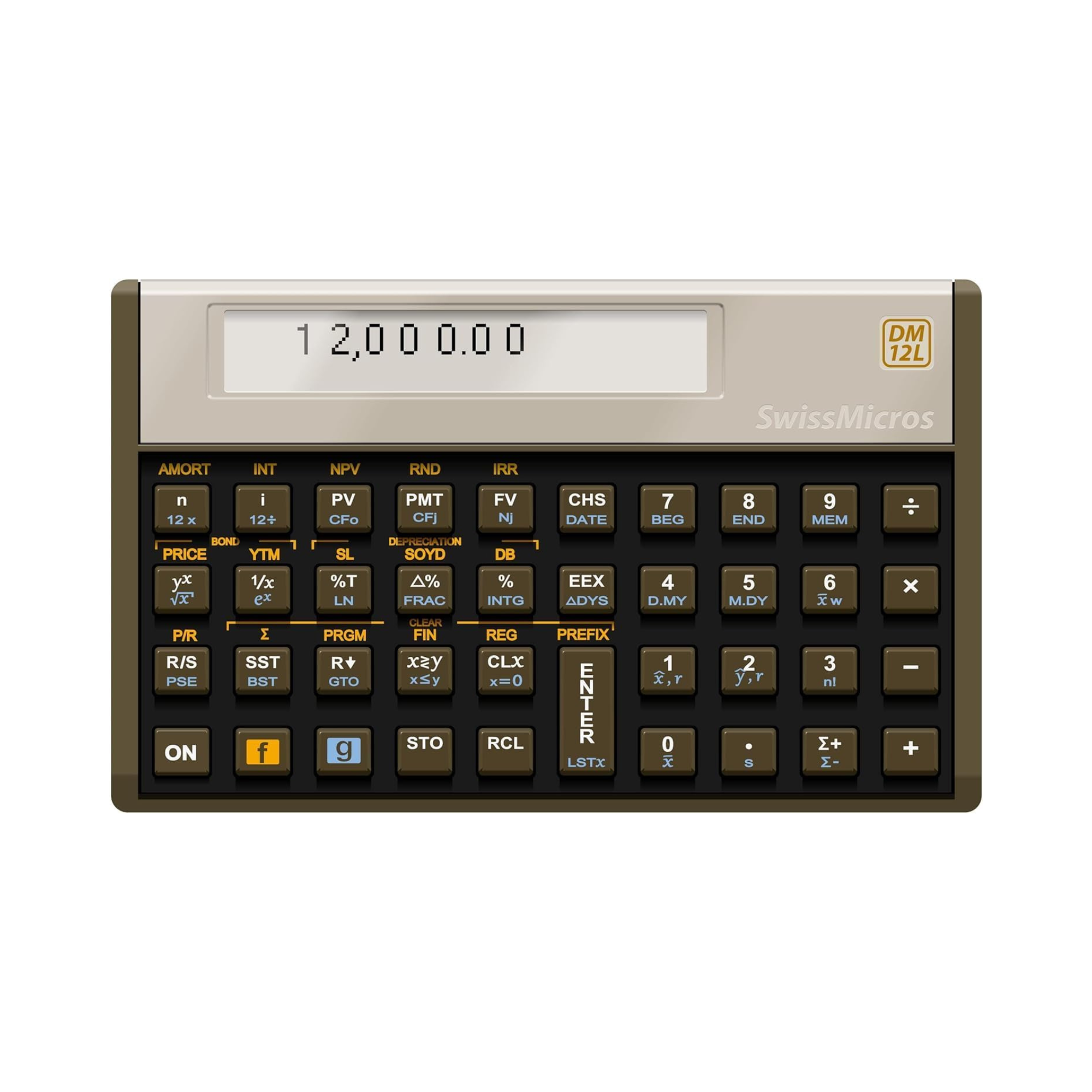 SwissMicros DM12L RPN financial calculator, front view
